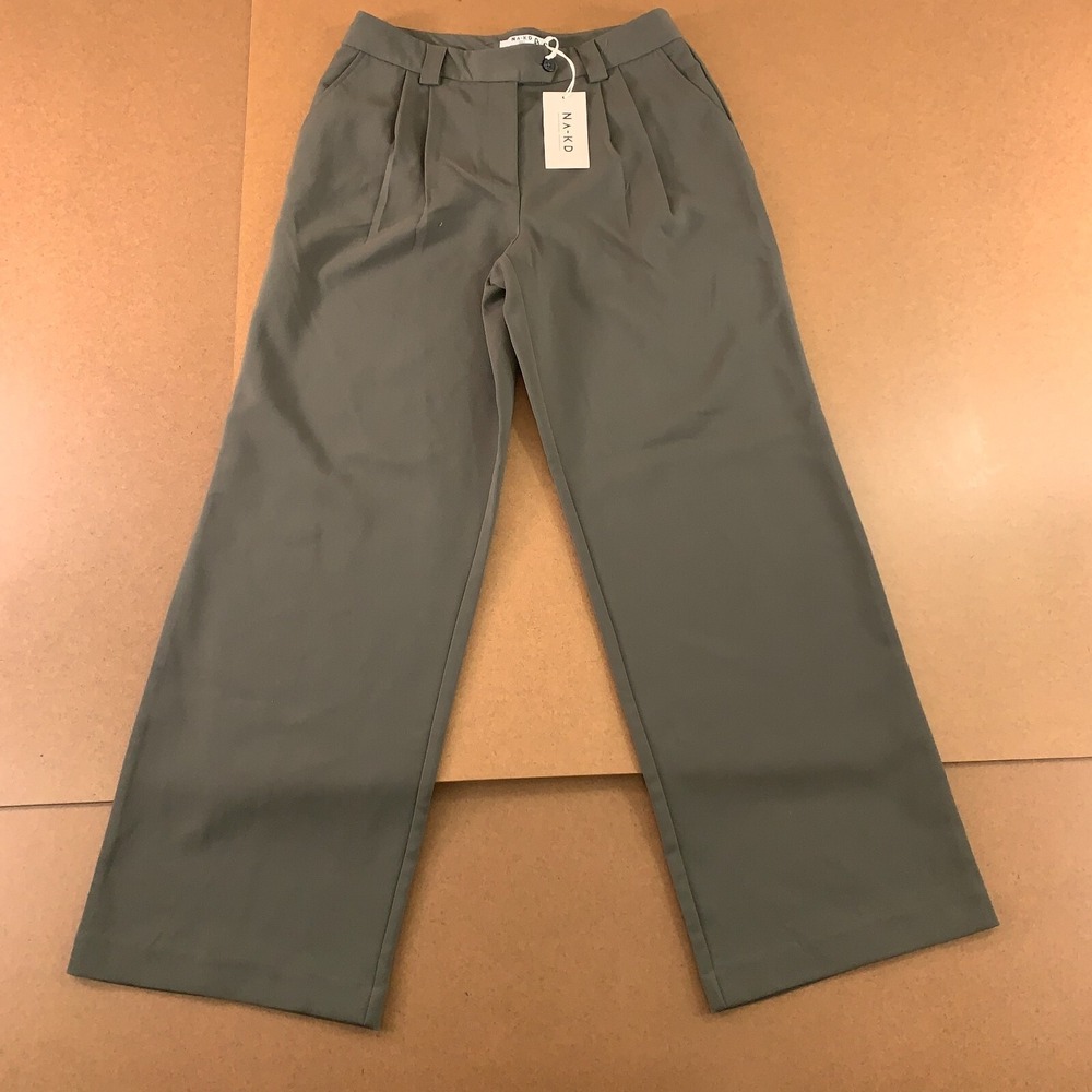 Nakd Womens Size Large Greenish Gray Pleated Pocketed Mid Waist Suit Pants NWT